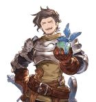  1boy breastplate brown_gloves brown_hair gloves granblue_fantasy green_shirt hand_on_hip incoming_gift male_focus minaba_hideo official_art open_mouth rackam_(granblue_fantasy) shirt smile solo transparent_background upper_body white_day 