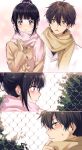  1boy 1girl black_hair blush brown_hair chain-link_fence chitanda_eru coat comic couple fence green_eyes highres hyouka long_hair mery_(apfl0515) oreki_houtarou ponytail scarf silent_comic smile sweatdrop violet_eyes winter_clothes winter_coat 