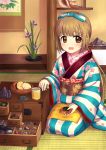  1girl blue_kimono brown_eyes brown_hair cup food green_tea hair_ribbon highres idolmaster idolmaster_cinderella_girls japanese_clothes kimono kurenokouji222 ribbon senbei sitting tea yorita_yoshino yunomi 