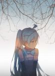  1girl ahoge blue_bow blue_eyes blue_hair bow branch closed_mouth eyebrows_visible_through_hair hatsune_miku kieed long_hair looking_to_the_side solo twintails upper_body very_long_hair vocaloid 