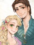  1boy 1girl ano_(sbee) artist_name beard blonde_hair braid brown_eyes brown_hair couple disney dress eyebrows_visible_through_hair facial_hair flower flynn_rider green_eyes happy height_difference hetero long_hair looking_at_viewer purple_dress rapunzel_(disney) shirt short_hair simple_background smile very_long_hair waistcoat white_background white_shirt 