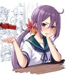  6+girls absurdres akebono_(kantai_collection) animal animal_on_head arare_(kantai_collection) bell bird bird_on_head flower gift hair_bell hair_flower hair_ornament hand_on_own_face highres jingle_bell kagerou_(kantai_collection) kantai_collection long_hair max_melon multiple_girls nagatsuki_(kantai_collection) on_head purple_hair satsuki_(kantai_collection) school_uniform serafuku short_sleeves side_ponytail solo_focus spot_color table tsundere upper_body ushio_(kantai_collection) very_long_hair violet_eyes white_day 