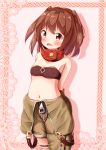  1girl :d asymmetrical_clothes bandeau bangs black_bandeau blush breasts brown_hair brown_pants commentary_request eyebrows_visible_through_hair highres long_hair looking_at_viewer mochiyuki navel ole_tower open_mouth pants pink_background rammer_(ole_tower) red_eyes single_pantsleg small_breasts smile solo two_side_up zipper_pull_tab 
