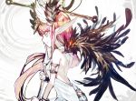  1girl armlet back backless_outfit bangs bare_back bare_shoulders black_wings breasts circe_(fate/grand_order) closed_mouth dress eyebrows eyebrows_visible_through_hair fate/grand_order fate_(series) feathered_wings from_side hair_between_eyes halterneck head_wings highres holding holding_staff kusakanmuri long_hair o-ring open-back_dress pink_hair pointy_ears ponytail small_breasts smile solo staff straight_hair very_long_hair white_dress white_eyes white_wings wings 