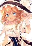  1girl :d blonde_hair blue_eyes blue_nails bow braid breasts cleavage commentary_request frilled_shirt_collar frills hand_up hat hat_bow kirisame_marisa looking_at_viewer medium_breasts nail_polish neno_(nenorium) open_mouth puffy_short_sleeves puffy_sleeves sash short_hair short_sleeves single_braid smile solo touhou upper_body white_bow witch_hat wrist_cuffs 