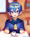  1boy blue_eyes blue_hair desk fire_emblem fire_emblem:_mystery_of_the_emblem looking_at_viewer male_focus marth repikinoko short_hair smile solo super_smash_bros. tiara 