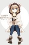  1girl animal_hood annoyed arm_support bangs black_footwear blonde_hair blue_eyes blue_pants boots candy casual closed_mouth commentary dated english eyebrows_visible_through_hair fang food frown full_body girls_und_panzer happy_birthday holding holding_food hood hooded_coat invisible_chair katyusha leather leather_boots lollipop looking_at_viewer pants short_hair sitting solo white_coat wide_sleeves yuuyu_(777) 