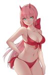  1girl absurdres bikini breasts cleavage closed_mouth darling_in_the_franxx green_eyes hand_on_hip highres horns long_hair medium_breasts navel pink_hair ponytail qaq red_bikini simple_background smile solo swimsuit white_background zero_two_(darling_in_the_franxx) 