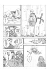  2girls 3boys aircraft backpack bag bald comic dark_haired_kappa dress glasses greyscale hair_bobbles hair_ornament haori hat helicopter highres ichiba_youichi japanese_clothes kappa_mob kawashiro_nitori long_sleeves monochrome multiple_boys multiple_girls neck_ribbon page_number ribbon short_hair short_twintails sweater_vest touhou translation_request twintails two_side_up 