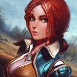  1girl breasts brown_eyes cleavage closed_mouth face hair_bun ilya_kuvshinov jewelry large_breasts lips long_hair looking_at_viewer necklace redhead smile solo the_witcher the_witcher_3 triss_merigold upper_body 