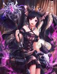  1girl :d animal_ears aura bangs bare_shoulders black_dress black_hair black_wings breasts commentary cross-laced_clothes curtains dress eyebrows_visible_through_hair hair_ribbon highres holding indoors long_hair looking_at_viewer low_wings lunacle medium_breasts open_mouth original ribbon sitting skull smile solo staff tiara twintails violet_eyes window wings 