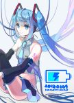  1girl blue_eyes blue_hair dated detached_sleeves floating_hair hatsune_miku headphones highres long_hair midriff necktie sitting skirt solo thigh-highs twintails very_long_hair vocaloid 