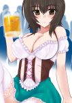  1girl :| alcohol bangs bare_shoulders beer beer_mug blouse blurry blurry_background blush breasts brown_eyes brown_hair cleavage closed_mouth commentary corset crowd dirndl erect_nipples eyebrows_visible_through_hair frilled_skirt frills german_clothes girls_und_panzer green_skirt holding large_breasts looking_at_viewer miniskirt nishizumi_maho off_shoulder oktoberfest short_hair short_sleeves sitting skirt solo soushin_souma thigh-highs upper_body white_blouse white_legwear 