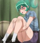  1girl blue_eyes blush_stickers calen_(time_bokan) green_hair haruyama_kazunori panties pantyshot pantyshot_(sitting) ponytail short_hair sitting socks solo time_bokan_(series) time_bokan_24 torn_clothes underwear white_panties 