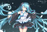  1girl aihime_riyo aqua_eyes aqua_hair cowboy_shot detached_sleeves hatsune_miku long_hair necktie one_eye_closed skirt smile solo twintails very_long_hair vocaloid 