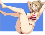  1girl american_flag american_flag_bikini arms_behind_head ass barefoot bikini blonde_hair blue_background blue_eyes breasts cleavage flag_print full_body girls_und_panzer hair_intakes hair_up invisible_chair kay_(girls_und_panzer) koujun_(mugenzero) large_breasts leaning_back legs_up long_hair looking_at_viewer lying navel on_back open_mouth outside_border short_ponytail sitting smile solo swimsuit thighs 