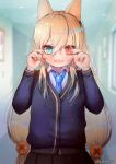  1girl alternate_costume animal_ears bangs black_skirt blonde_hair blue_cardigan blue_eyes blue_neckwear blurry blurry_background blush cardigan collared_shirt confetti crossed_bangs eyebrows_visible_through_hair eyes_visible_through_hair fox_ears g41_(girls_frontline) girls_frontline glasses hair_between_eyes hair_ornament hallway hanato_(seonoaiko) heterochromia long_hair looking_at_viewer low_twintails necktie open_mouth pleated_skirt red_eyes shirt sidelocks skirt smile solo sparkle twintails twitter_username very_long_hair white_shirt 
