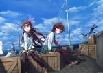  2girls absurdres bird box brown_eyes brown_hair chamu_(chammkue) clouds crescent crescent_moon_pin day gradient_hair green_skirt hair_ornament highres kantai_collection kisaragi_(kantai_collection) loafers long_hair multicolored_hair multiple_girls mutsuki_(kantai_collection) neckerchief ocean outdoors pantyhose pleated_skirt red_eyes redhead school_uniform seagull serafuku shoes shore short_hair sitting skirt sky thigh-highs 