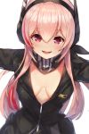  1girl :d breasts breasts_apart commentary eyebrows_visible_through_hair fang girls_frontline hair_between_eyes headgear highres jacket long_hair looking_at_viewer m4_sopmod_ii_(girls_frontline) medium_breasts motokonut multicolored_hair open_mouth outstretched_arms partially_unzipped pink_eyes pink_hair redhead simple_background smile solo spread_arms streaked_hair two-tone_hair white_background 
