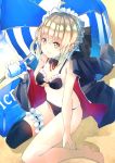  ahoge artoria_pendragon_(all) artoria_pendragon_(swimsuit_rider_alter) bangs bare_shoulders barefoot beach bikini black_ribbon blonde_hair braid breasts can collar commentary_request container fate/grand_order fate_(series) french_braid frilled_bikini frilled_legwear frills hair_ribbon highres jacket_on_shoulders looking_at_viewer marova-00 ribbon saber_alter sand single_thighhigh sitting small_breasts soft_drink swimsuit thigh-highs umbrella wariza yellow_eyes 