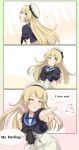  ! 1girl ;o bangs blonde_hair blue_eyes blue_sailor_collar blush collarbone comic commentary_request dress english eyebrows_visible_through_hair hat heart highres jervis_(kantai_collection) kantai_collection long_hair looking_at_viewer looking_back one_eye_closed open_mouth parted_lips puffy_short_sleeves puffy_sleeves ryuun_(stiil) sailor_collar sailor_dress sailor_hat short_sleeves smile solo spoken_exclamation_mark white_dress white_hat 