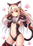  1girl animal_ears bangs bell black_gloves black_legwear black_leotard blush breasts cat_ears cat_tail closed_mouth commentary_request elbow_gloves eyebrows_visible_through_hair fate/kaleid_liner_prisma_illya fate_(series) gloves hair_bell hair_between_eyes hair_ornament hair_ribbon head_tilt highres illyasviel_von_einzbern jingle_bell leotard light_brown_hair looking_at_viewer navel paw_gloves paws red_eyes red_ribbon ribbon seungju_lee simple_background small_breasts smile solo tail tail_bell tail_ribbon thigh-highs two_side_up under_boob white_background 