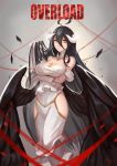  1girl absurdres albedo bare_shoulders black_hair black_wings breast_hold breasts cleavage demon_girl demon_horns dress elbow_gloves gloves hair_between_eyes half_gloves highres hip_vent horns large_breasts long_hair overlord_(maruyama) solo sunset_xi thigh-highs thighs white_dress wings yellow_eyes 