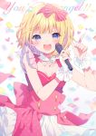  1girl :d bangs blonde_hair blue_eyes blurry blurry_background blush bow breasts bridal_gauntlets collarbone commentary_request confetti copyright_request depth_of_field detached_collar english eyebrows_visible_through_hair hair_bow hairband hands_up holding holding_microphone kurokuma_(kuro_kumagaya) looking_at_viewer medium_breasts microphone open_mouth pink_bow pink_hairband pink_shirt pink_skirt polka_dot_skirt shirt skirt smile solo striped striped_bow upper_teeth white_background white_collar 