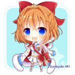  1girl :d bangs blue_eyes blue_sailor_collar blush boots bow breasts brown_hair character_request chibi collared_jacket commentary_request eyebrows_visible_through_hair full_body fur-trimmed_jacket fur_trim gloves hair_between_eyes hair_bow hand_up index_finger_raised jacket jacket_on_shoulders knee_boots long_sleeves medium_breasts open_mouth pleated_skirt red_bow sailor_collar sailor_shirt shironeko_project shirt skirt sleeveless sleeveless_shirt smile solo standing star tiara twitter_username upper_teeth white_footwear white_gloves white_jacket white_shirt white_skirt yukiyuki_441 