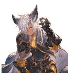  1boy arm_up bent_over black_gloves black_jacket dark_skin dark_skinned_male erune eustace_(granblue_fantasy) gloves granblue_fantasy grey_eyes hair_over_one_eye jacket looking_at_viewer male_focus minaba_hideo official_art silver_hair solo transparent_background upper_body white_day 