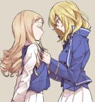  2girls bangs bc_freedom_military_uniform blonde_hair blue_eyes blue_jacket blue_vest brown_background closed_eyes closed_mouth commentary dress_shirt dressing_another drill_hair eyebrows_visible_through_hair facing_another from_side girls_und_panzer hat high_collar jacket long_hair long_sleeves marie_(girls_und_panzer) medium_hair military military_uniform multiple_girls oshida_(girls_und_panzer) pleated_skirt ree_(re-19) shirt simple_background skirt standing uniform upper_body vest white_shirt white_skirt 