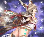  1girl animal_ears ass blush cat_ears gloves japanese_clothes kibasuke leotard long_hair looking_at_viewer niyah ribbon silver_hair simple_background smile solo twintails white_gloves xenoblade xenoblade_2 yellow_eyes 