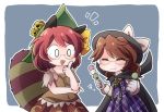  2girls ^_^ animal_ears bell bow brown_hair cape closed_eyes dango eating finger_to_cheek food futatsuiwa_mamizou glasses hat hat_bow katanagi1129 multiple_girls open_mouth raccoon_ears raccoon_tail sanshoku_dango school_uniform skewer smile tail touhou usami_sumireko wagashi white_eyes 