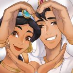  1boy 1girl aladdin_(character) aladdin_(disney) ano_(sbee) black_hair brown_eyes close-up couple dark_skin diadem disney earrings eyelashes face fingernails grey_background hands happy hat heart heart_hands hetero jasmine_(disney) jewelry lipstick long_hair long_sleeves looking_at_viewer makeup necklace shirt simple_background smile standing white_shirt 