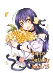  1girl bangs birthday blue_hair bouquet character_name choker dated detached_sleeves english flower hair_flower hair_ornament hairband happy_birthday long_hair looking_at_viewer love_live! love_live!_school_idol_project misoradeko petals solo sonoda_umi wristband yellow_eyes 