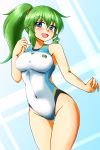  1girl animal_print blue_background blue_eyes breasts competition_swimsuit d-m_(dii_emu) frog_print green_hair hair_ornament highres kochiya_sanae long_hair looking_at_viewer medium_breasts one-piece_swimsuit open_mouth ponytail smile snake_hair_ornament solo swimsuit touhou white_swimsuit 