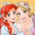  2girls :d ano_(sbee) ariel_(disney) artist_name blonde_hair blue_eyes crossover disney dress eyebrows_visible_through_hair eyelashes fingernails flower green_eyes hair_flower hair_ornament hair_ribbon hands_clasped hands_together happy lipstick long_hair looking_at_viewer lowres makeup multiple_girls open_mouth orange_background own_hands_together purple_dress rapunzel_(disney) redhead ribbon shell simple_background smile star tangled the_little_mermaid 