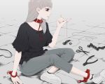  1girl \n/ bangs bent_elbow bent_knees black_shirt chains choker closed_mouth collar commentary_request cuffs grey_background grey_hair grey_pants legs_crossed long_hair looking_away original pants red_string shackles shirt sitting solo string wire_cutters yajirushi_(chanoma) 