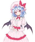  1girl bat_wings blue_hair blush bow breasts commentary cowboy_shot dress eyebrows_visible_through_hair frilled_dress frills hat hat_bow head_tilt highres juliet_sleeves junior27016 long_sleeves looking_at_viewer medium_breasts mob_cap neck_bow own_hands_together pink_dress pink_hat pointy_ears puffy_sleeves red_bow red_eyes red_neckwear red_sash remilia_scarlet short_hair simple_background smile solo standing touhou white_background wings 