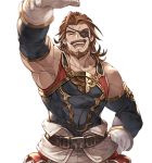  1boy ^_^ beard brown_hair closed_eyes eugen_(granblue_fantasy) eyepatch facial_hair gloves granblue_fantasy hand_on_hip male_focus minaba_hideo official_art open_mouth petting pov shirt sleeveless sleeveless_shirt solo transparent_background upper_body white_day white_gloves 