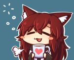  1girl =3 =_= animal_ears blue_background blush_stickers brown_hair chibi closed_eyes cup holding holding_cup imaizumi_kagerou long_hair lowres mug open_mouth simple_background solo touhou wolf_ears wool_(miwol) 