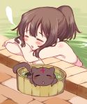  1girl bath bathing bathroom black_hair cat chomusuke hot_springs kono_subarashii_sekai_ni_shukufuku_wo! megumin seidou_(tukinomiyako) smile towel wet 