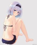  1girl 410khz bangs bare_legs barefoot bikini black_bikini black_hairband blue_eyes blush closed_mouth commentary_request eyebrows_visible_through_hair full_body grey_background hair_ornament hairband halter_top halterneck highres looking_at_viewer looking_to_the_side ryuuou_no_oshigoto! silver_hair simple_background sitting snowflake_hair_ornament solo sora_ginko swimsuit twitter_username 