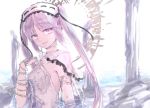  1girl black_ribbon bracelet breasts choker dress fate/grand_order fate/hollow_ataraxia fate_(series) hairband halo jewelry lolita_hairband looking_at_viewer necklace open_mouth purple_hair ribbon small_breasts smile sodamachi solo stheno twintails upper_body violet_eyes white_dress white_ribbon 