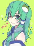  1girl bangs bare_shoulders blush commentary_request eyebrows_visible_through_hair frog_hair_ornament green_background green_eyes green_hair hair_between_eyes hair_ornament hair_tubes heart kochiya_sanae long_hair looking_at_viewer shirt sidelocks simple_background smile snake_hair_ornament solo syuri22 touhou translated upper_body white_shirt 