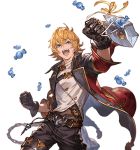  1boy arm_up blonde_hair blue_eyes candy clenched_hands feather_(granblue_fantasy) flipped_hair food granblue_fantasy jacket male_focus minaba_hideo official_art open_clothes open_jacket open_mouth pants shirt smile solo transparent_background upper_body white_day white_shirt wrapped_candy 