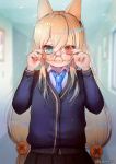  1girl alternate_costume animal_ears bangs black_skirt blonde_hair blue_cardigan blue_eyes blue_neckwear blurry blurry_background blush cardigan collared_shirt confetti crossed_bangs eyebrows_visible_through_hair eyes_visible_through_hair fox_ears g41_(girls_frontline) girls_frontline glasses hair_between_eyes hair_ornament hallway hanato_(seonoaiko) heterochromia holding_eyewear long_hair looking_at_viewer low_twintails necktie open_mouth orange-framed_eyewear pleated_skirt red_eyes shirt sidelocks skirt smile solo sparkle twintails twitter_username very_long_hair white_shirt 