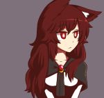  1girl animal_ears brooch brown_hair expressionless grey_background imaizumi_kagerou jewelry long_hair looking_away red_eyes simple_background solo touhou upper_body wolf_ears wool_(miwol) 