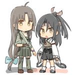  2girls absurdres alternate_color bandeau black_hair bow_(weapon) brown_eyes brown_hair color_switch full_body gloves green_legwear green_skirt hachimaki hadanugi_dousa hair_ribbon headband hibari_(horse809cat) high_ponytail highres japanese_clothes kantai_collection long_hair low-tied_long_hair multiple_girls muneate partly_fingerless_gloves pleated_skirt puffy_shorts remodel_(kantai_collection) ribbon shorts shouhou_(kantai_collection) simple_background single_glove skirt standing thigh-highs weapon white_background yugake zuihou_(kantai_collection) 