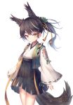  1girl :/ absurdres animal_ears artist_name azur_lane bangs black_hair cowboy_shot dated fox_ears fox_tail hair_ornament hakama_skirt highres japanese_clothes long_hair long_sleeves looking_at_viewer matsukaze_(azur_lane) multicolored_hair ponytail ribbon-trimmed_sleeves ribbon_trim signature simple_background solo sorairo_len standing tail v-shaped_eyebrows white_background wide_sleeves yellow_eyes 